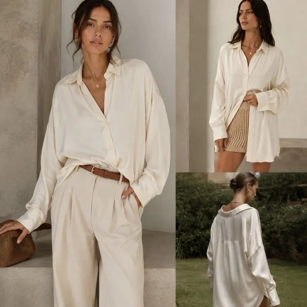 Dissh Oversized Satin Like Button Up Shirt Cream AU 12 US 8 Cupro Blend Neutral - Picture 5 of 12